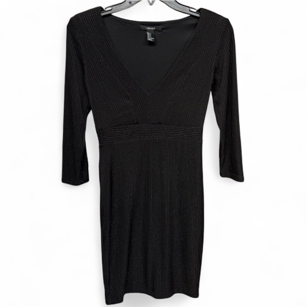 Forever 21 Black Metallic Ribbed V-Neck Mini Dress - Smalll - Picture 2 of 7